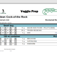 Easy to read diet cards designed for maximum speed of food prep. Diet cards are available in prep and keeper versions, for individuals or herds/flocks, and for diets that have been grouped together (a mixed species exhibit, for example)